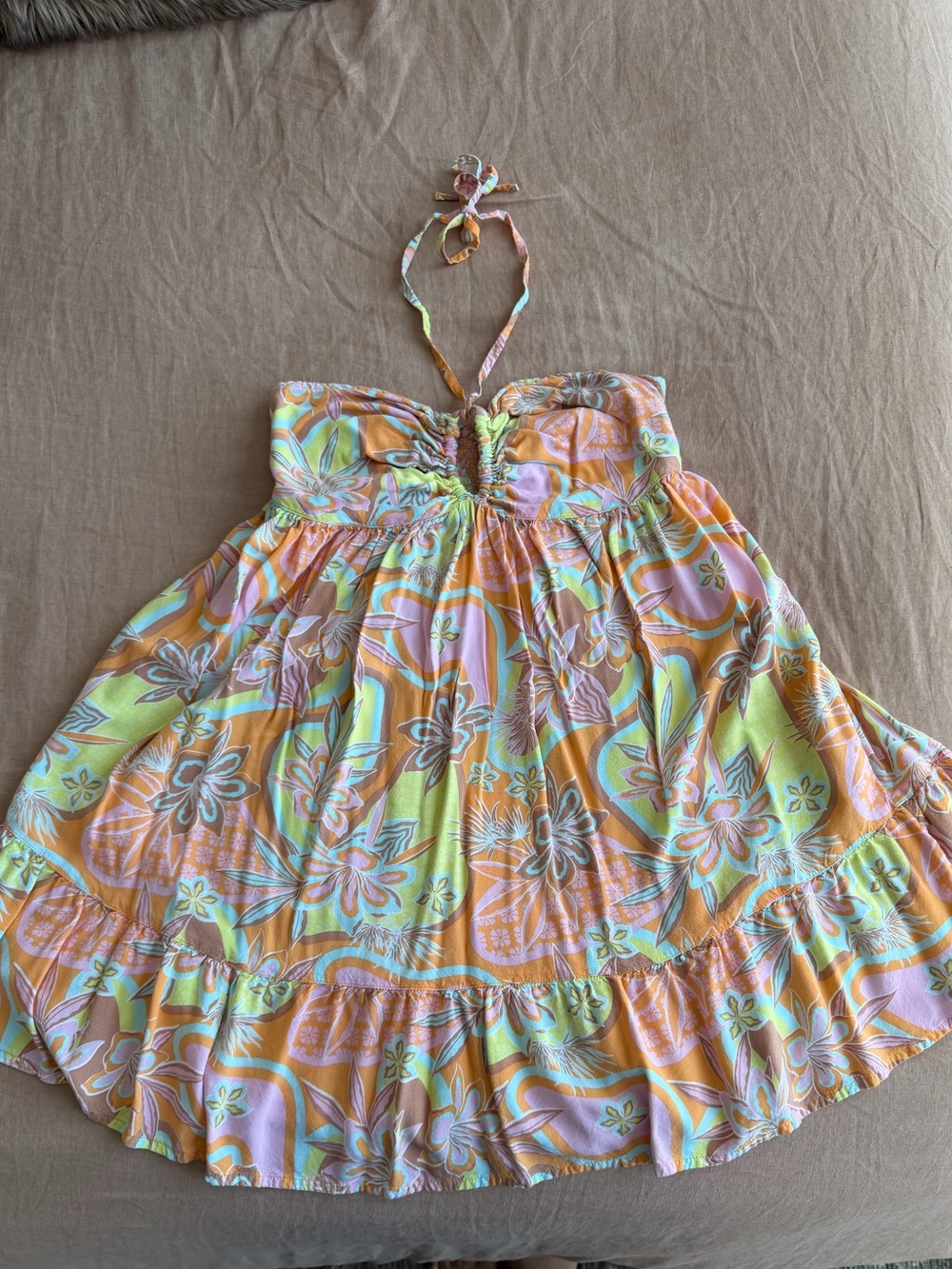 Roxy Floral Halter Mini Sundress Tropical Smocked Back S